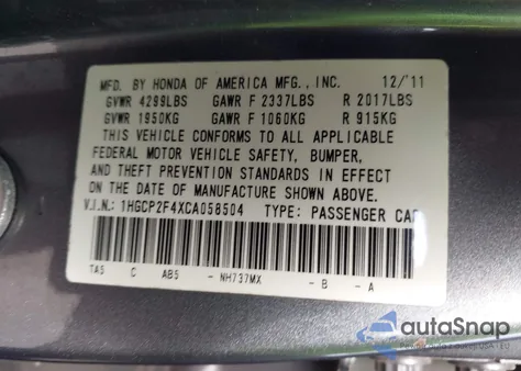 2012 Honda Accord 2.4 Lx-P z USA, uszkodzony, nr VIN 1HGCP2F4XCA058504